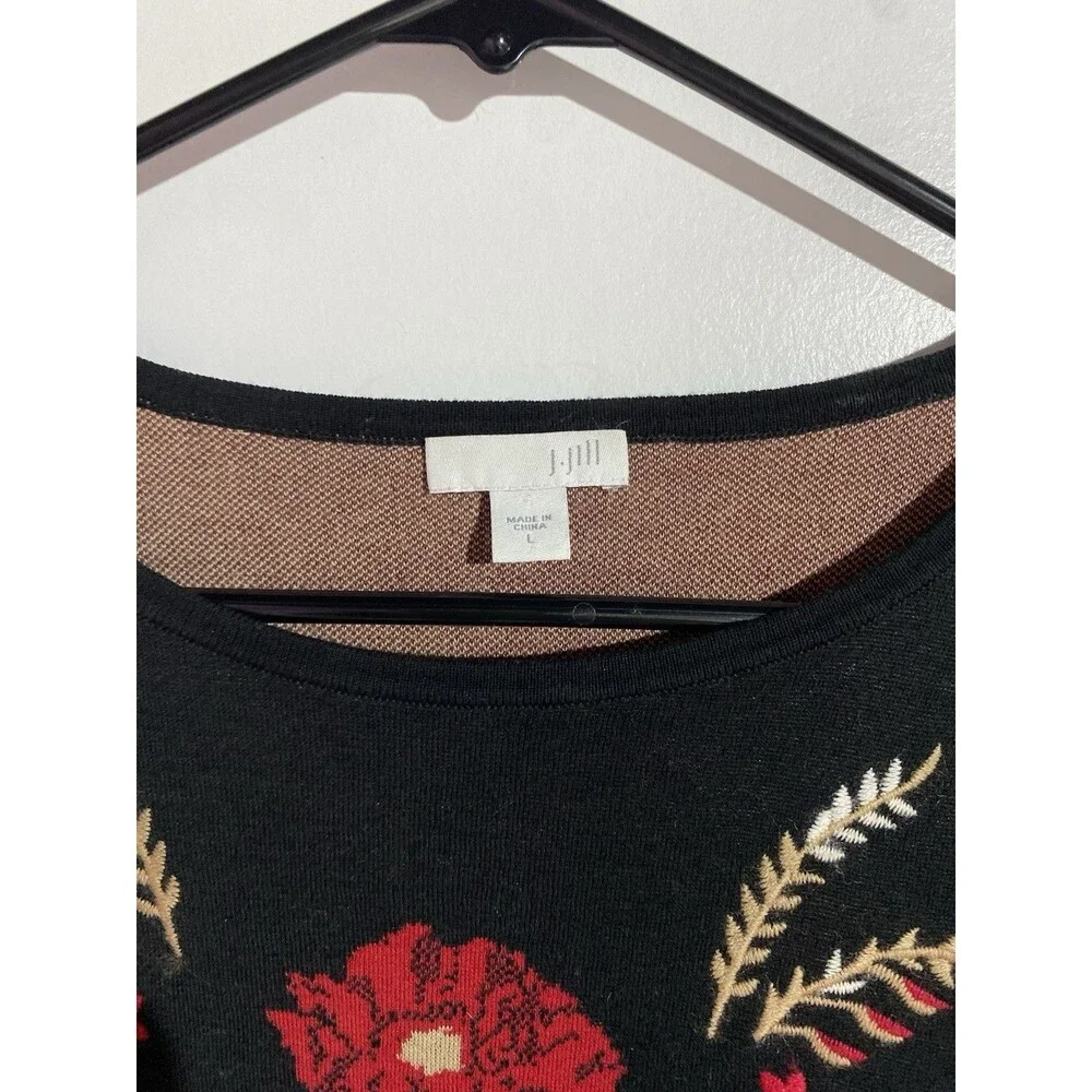 J Jill Sweater Large Black Red Embroidered‎ Floral Boho Cottagecore Feminine
